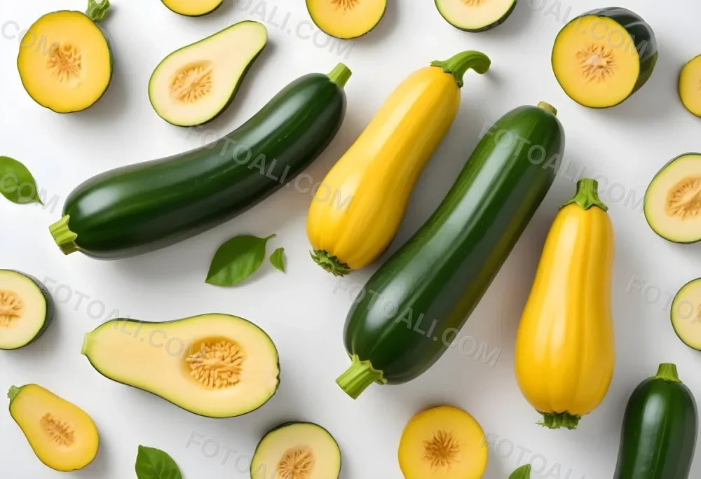 Green And Yellow Zucchini Squash On A White Background 21 E53d