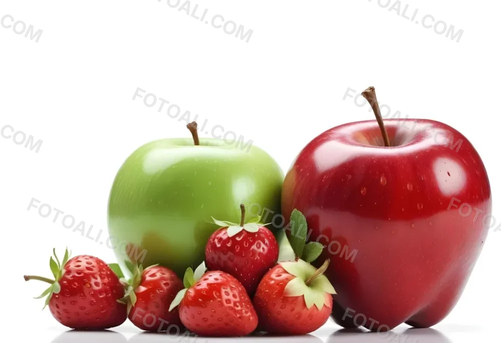 Green Apple Red Apple And Strawberries On A White Background 2 2dce