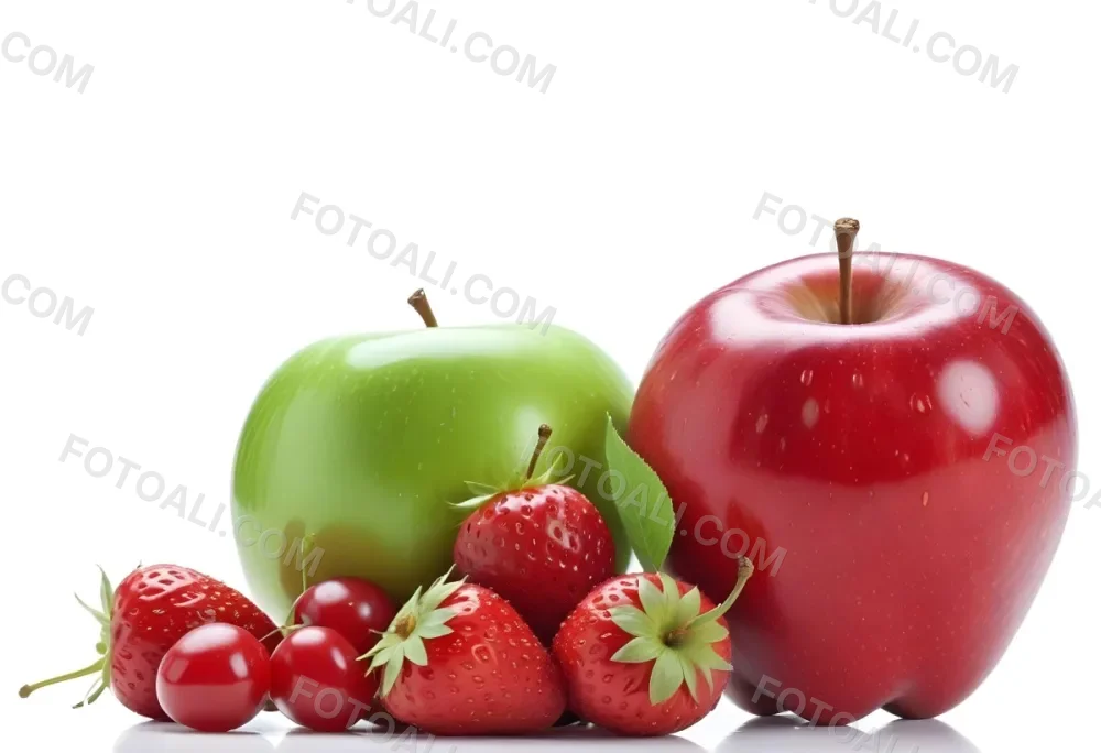 Green Apple Red Apple And Strawberries On A White Background 3 594d