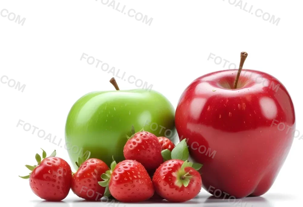 Green Apple Red Apple And Strawberries On A White Background 4 97e0