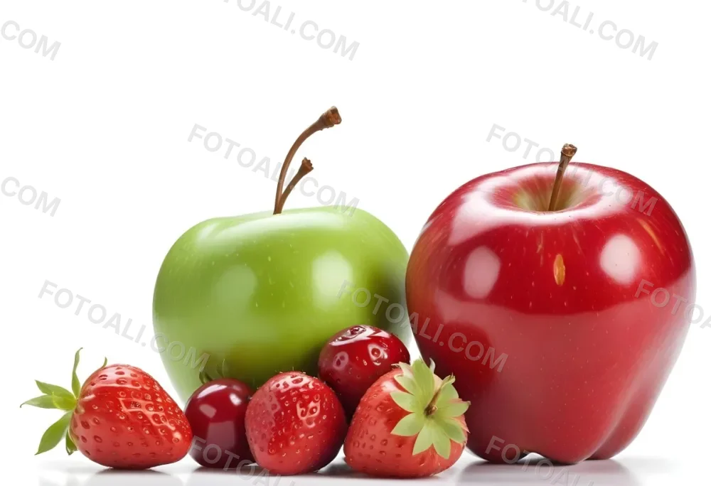 Green Apple Red Apple And Strawberries On A White Background 5 Abaa