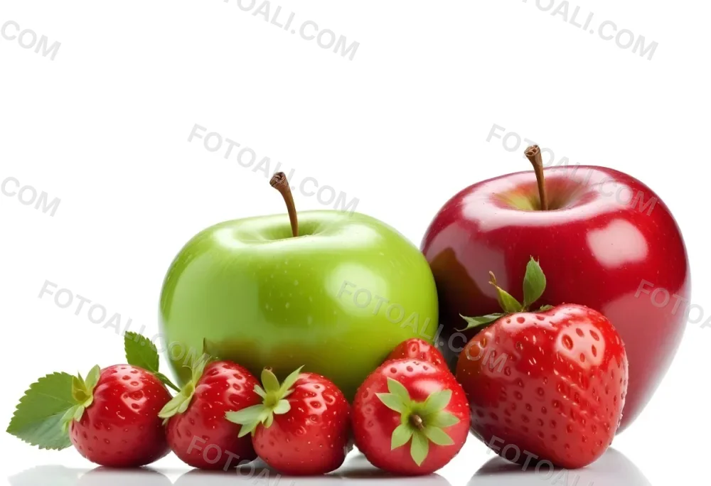 Green Apple Red Apple And Strawberries On A White Background 6 7df4