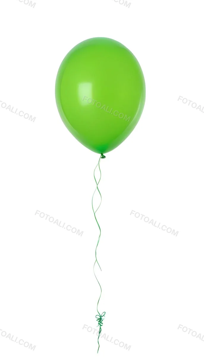 Green Balloon With A String Attached Floating In The Air Isolated On A White Background 4 0785