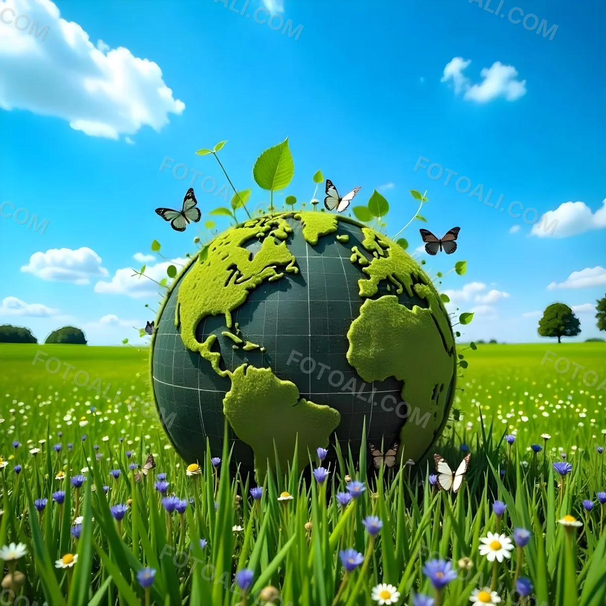 Green Earth Globe With Leaves And Butterflies On A Grass Field Under A Blue Sky With White Clouds Trees In The Background 14 3687