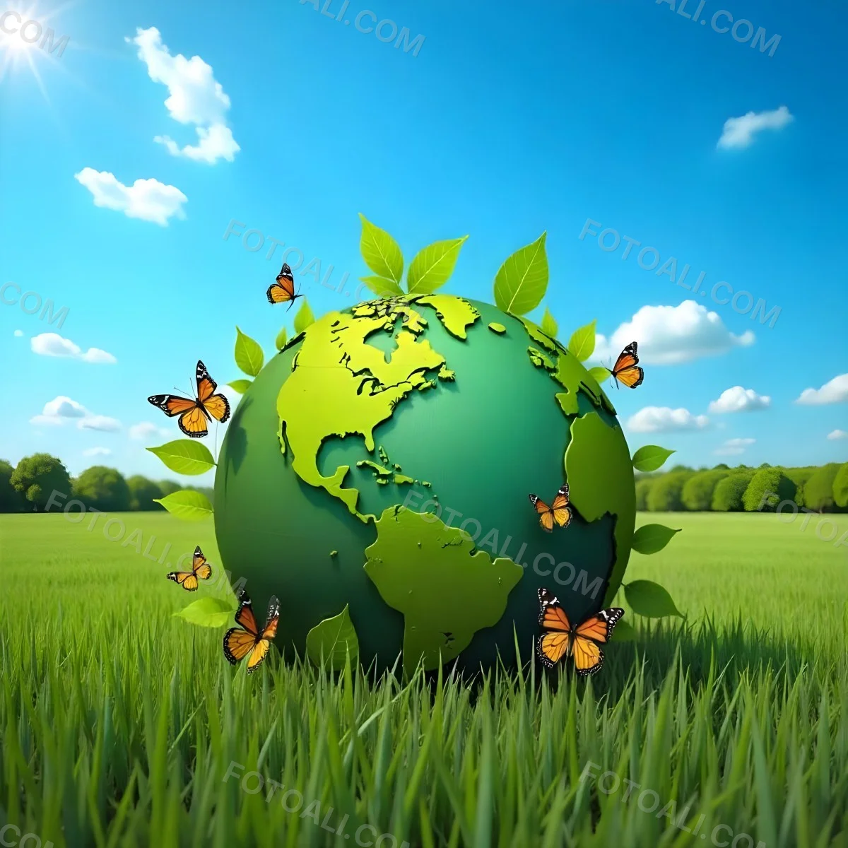 Green Earth Globe With Leaves And Butterflies On A Grass Field Under A Blue Sky With White Clouds Trees In The Background 15 Ac05