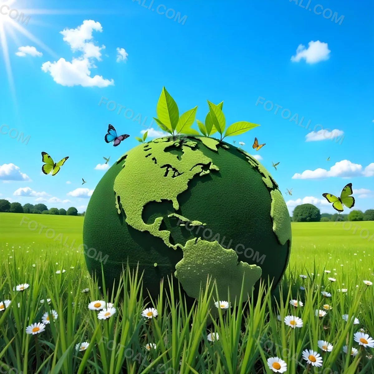 Green Earth Globe With Leaves And Butterflies On A Grass Field Under A Blue Sky With White Clouds Trees In The Background 16 6a9a
