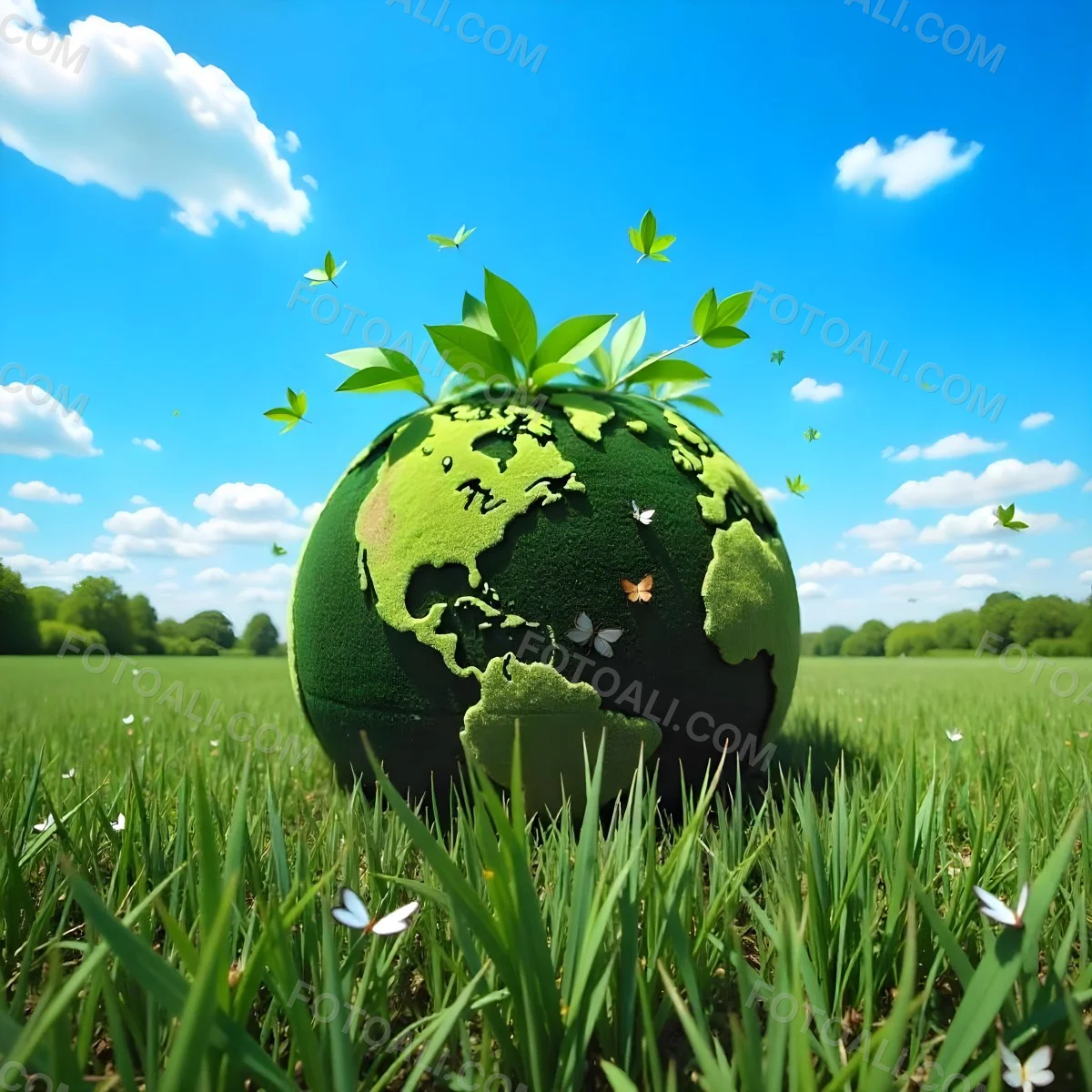 Green Earth Globe With Leaves And Butterflies On A Grass Field Under A Blue Sky With White Clouds Trees In The Background 2 5469