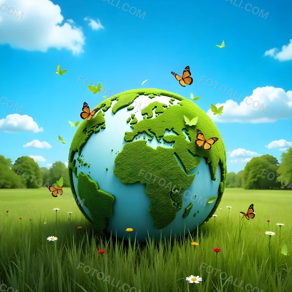 Green Earth Globe With Leaves And Butterflies On A Grass Field Under A Blue Sky With White Clouds Trees In The Background 21 94c9