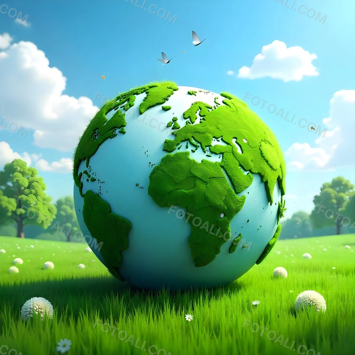 Green Earth Globe With Leaves And Butterflies On A Grass Field Under A Blue Sky With White Clouds Trees In The Background 24 D2d0