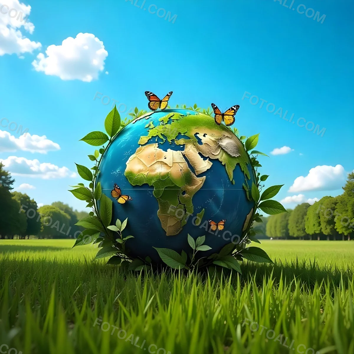 Green Earth Globe With Leaves And Butterflies On A Grass Field Under A Blue Sky With White Clouds Trees In The Background 5 398e