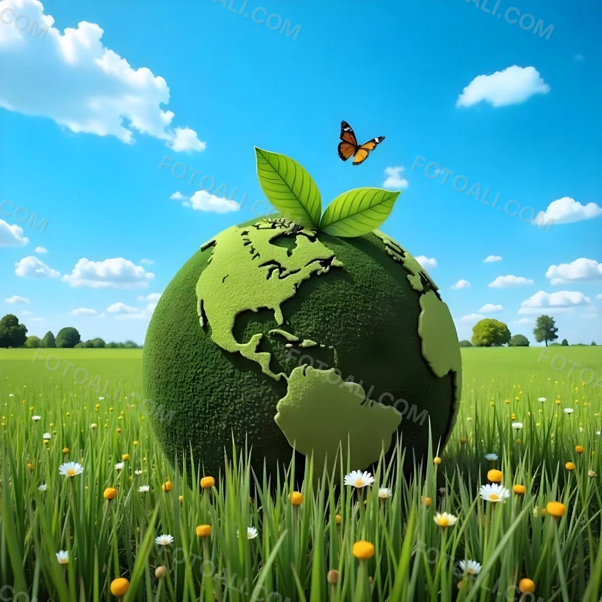 Green Earth Globe With Leaves And Butterflies On A Grass Field Under A Blue Sky With White Clouds Trees In The Background 6 D777