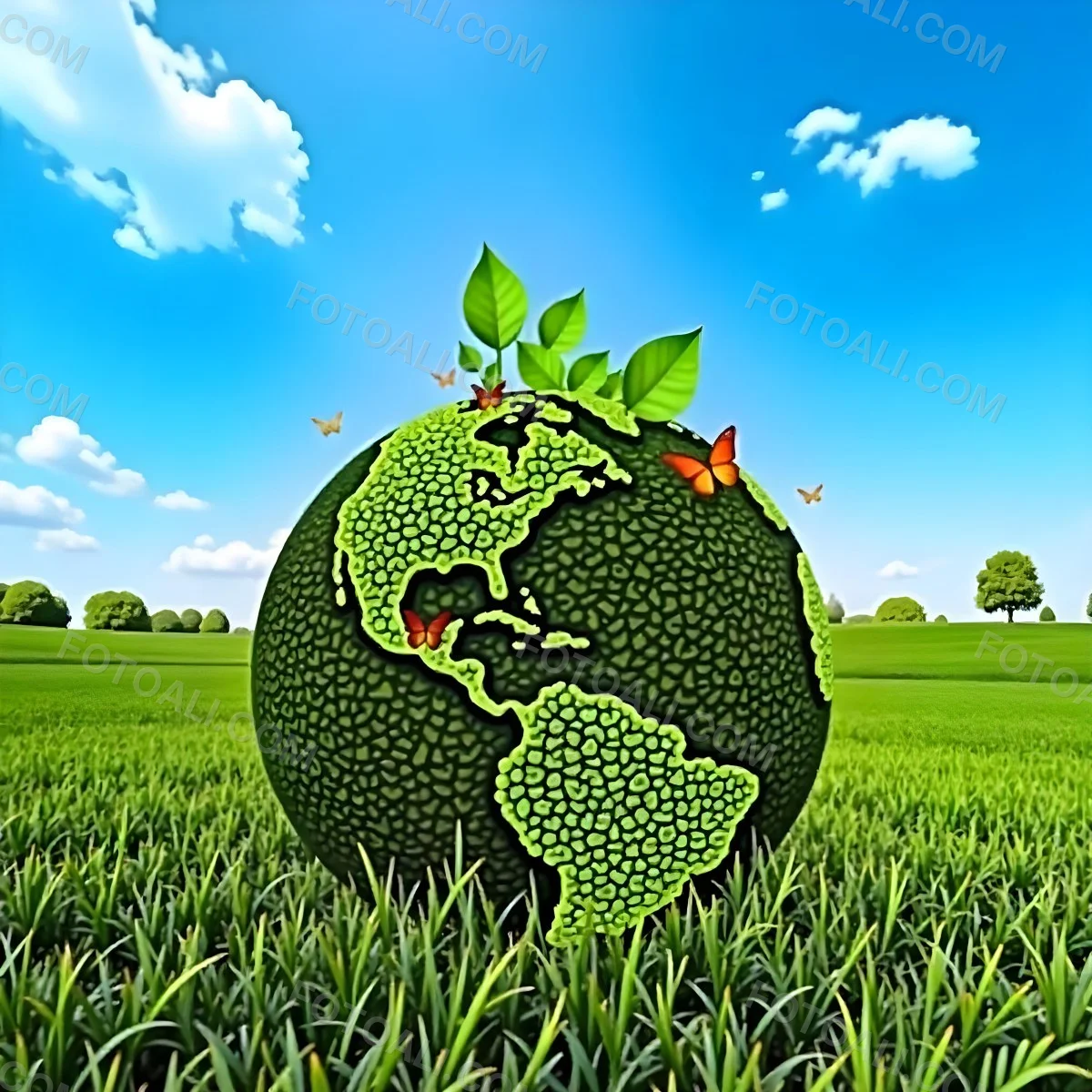 Green Earth Globe With Leaves And Butterflies On A Grass Field Under A Blue Sky With White Clouds Trees In The Background 9 81e6