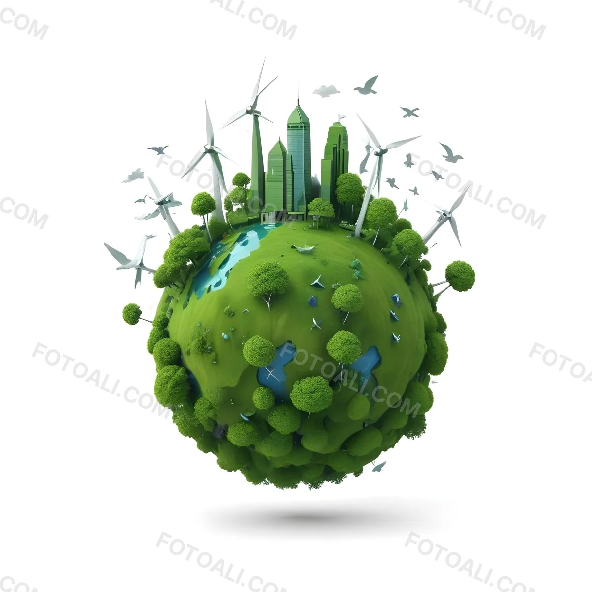 Green Earth With Grass Texture Buildings Wind Turbines Trees Clouds And Birds On Top White Background 10 8fe3