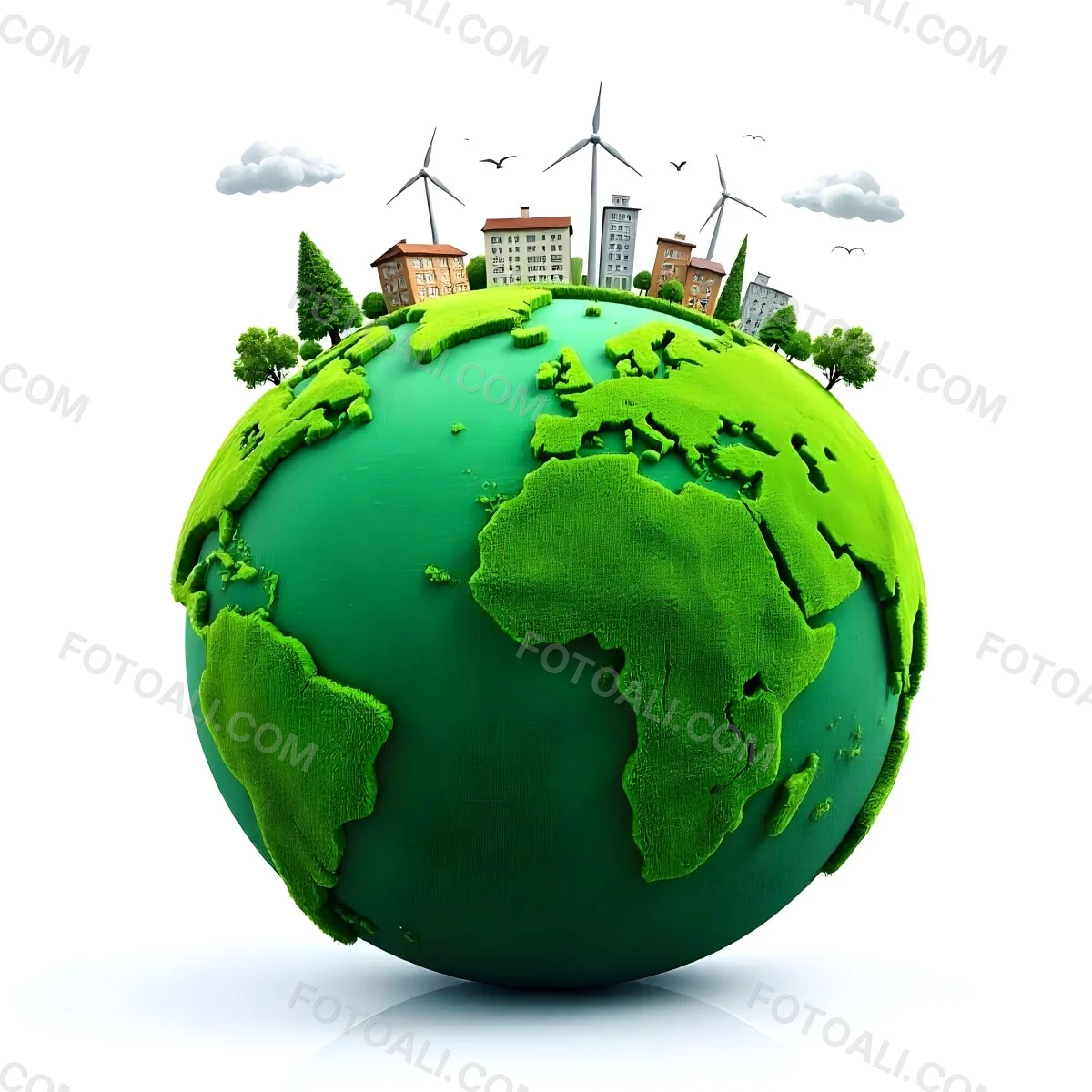 Green Earth With Grass Texture Buildings Wind Turbines Trees Clouds And Birds On Top White Background 11 7b0c