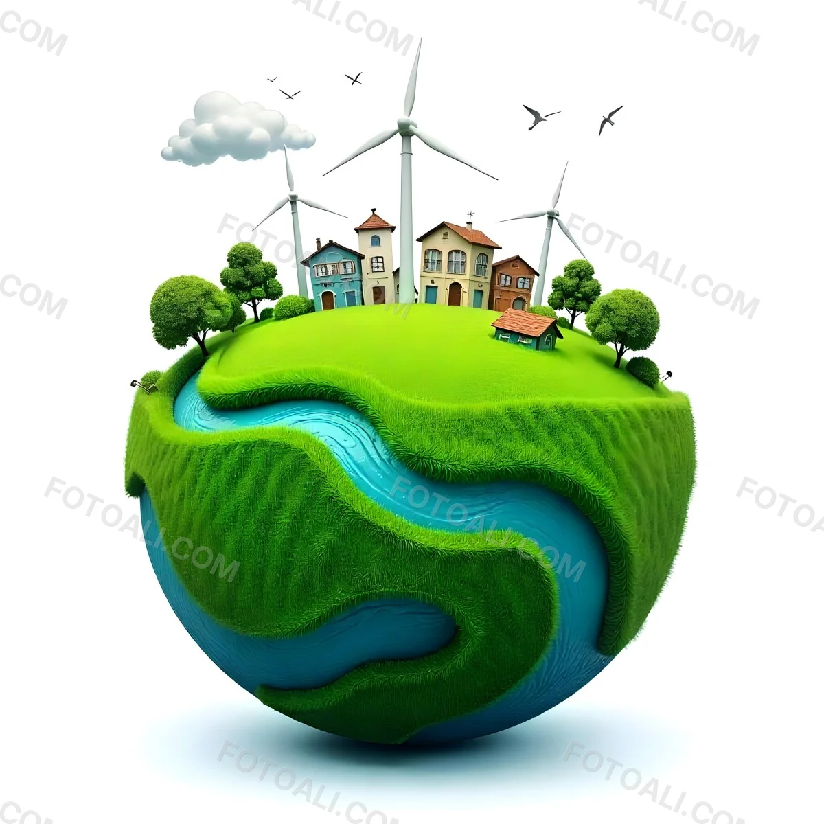 Green Earth With Grass Texture Buildings Wind Turbines Trees Clouds And Birds On Top White Background 12 Df64