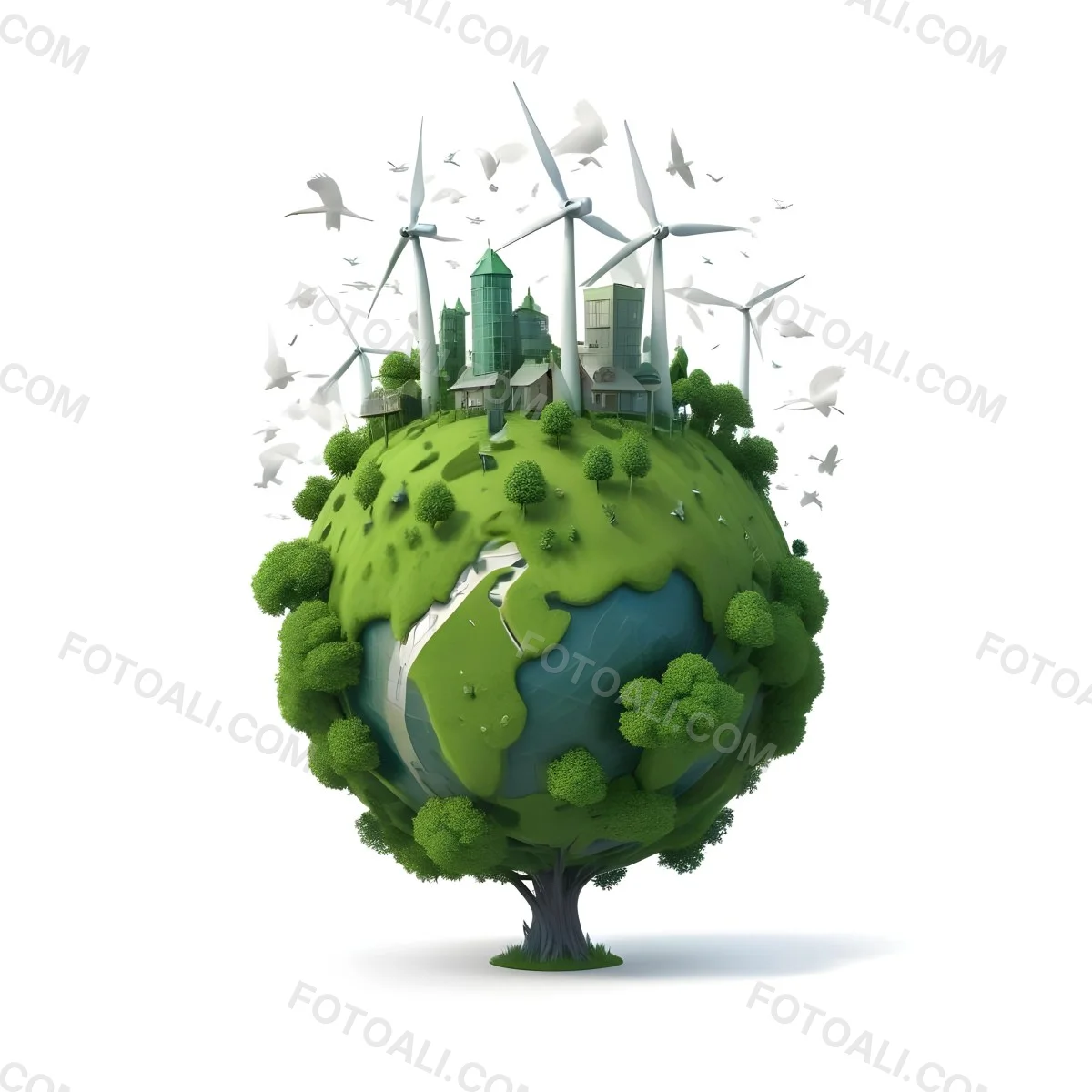 Green Earth With Grass Texture Buildings Wind Turbines Trees Clouds And Birds On Top White Background 18 A802