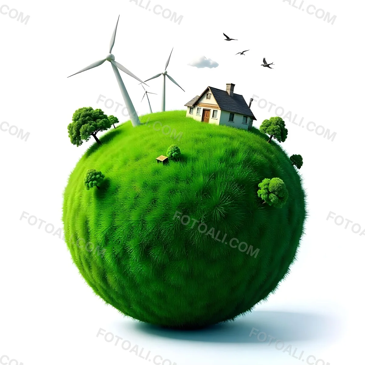 Green Earth With Grass Texture Buildings Wind Turbines Trees Clouds And Birds On Top White Background 24 7000