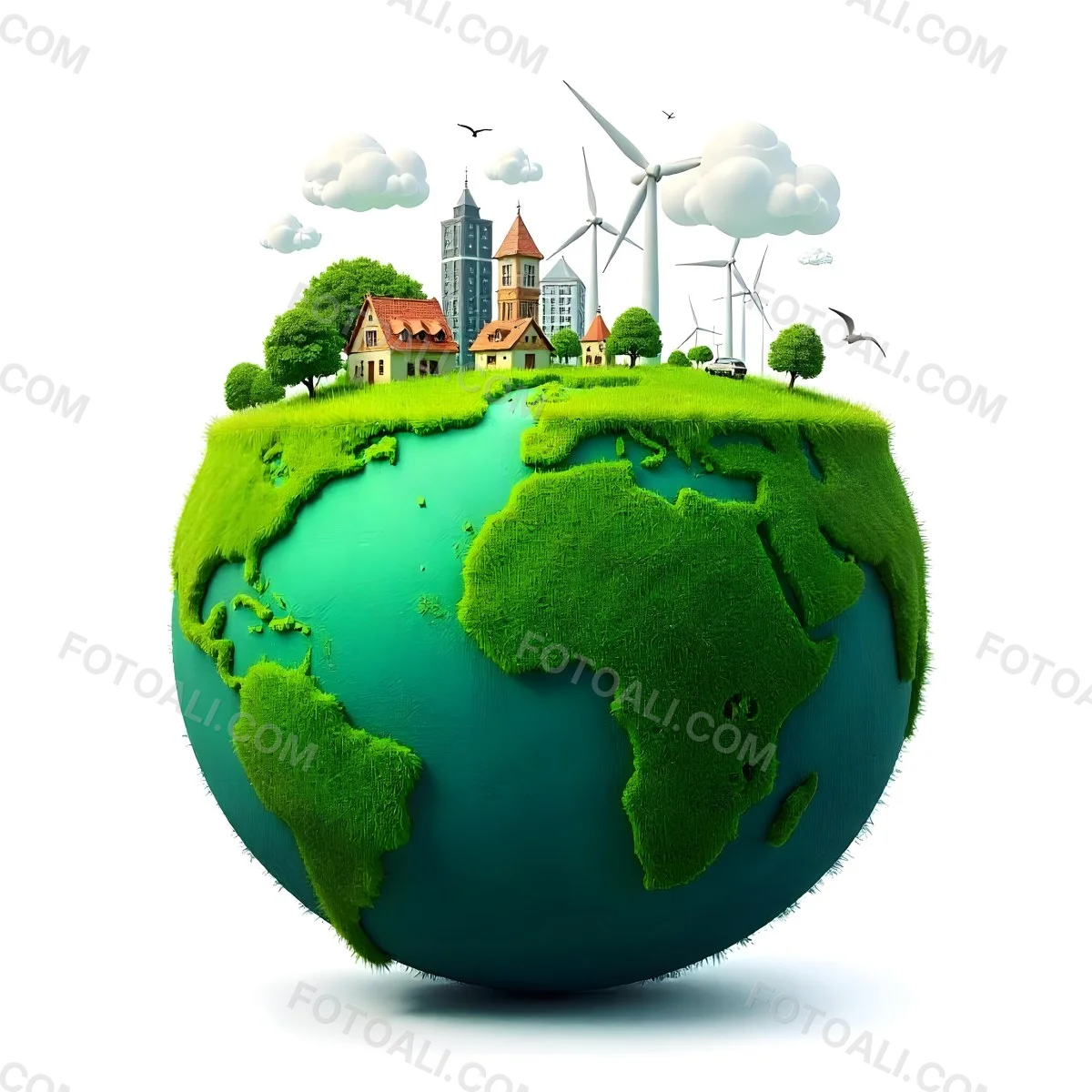 Green Earth With Grass Texture Buildings Wind Turbines Trees Clouds And Birds On Top White Background 27 6c0c