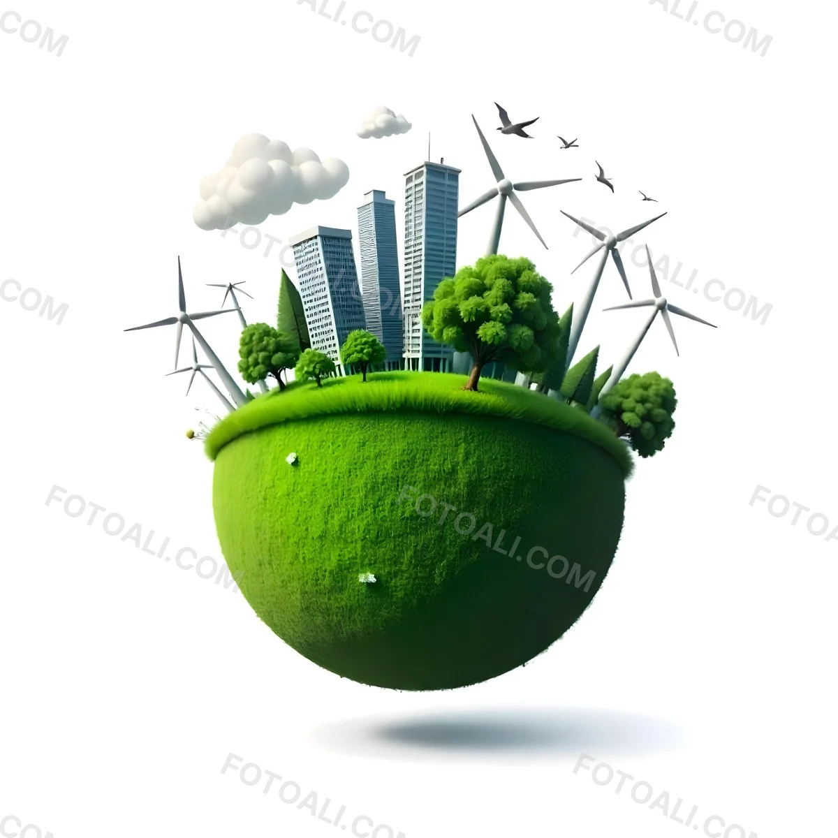 Green Earth With Grass Texture Buildings Wind Turbines Trees Clouds And Birds On Top White Background 29 88dd