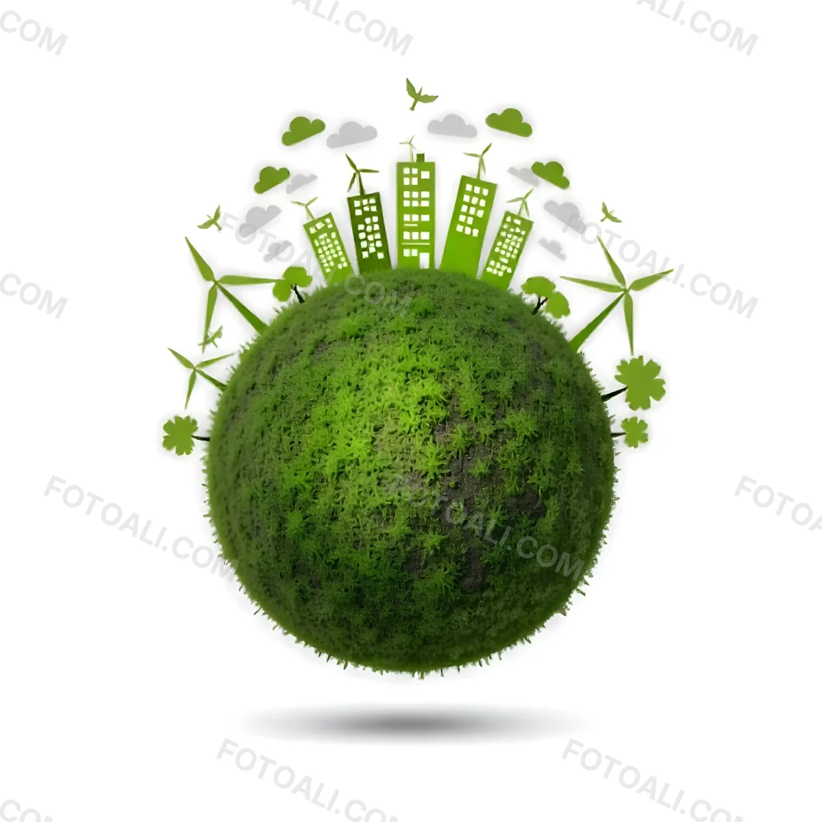 Green Earth With Grass Texture Buildings Wind Turbines Trees Clouds And Birds On Top White Background 35 18fc
