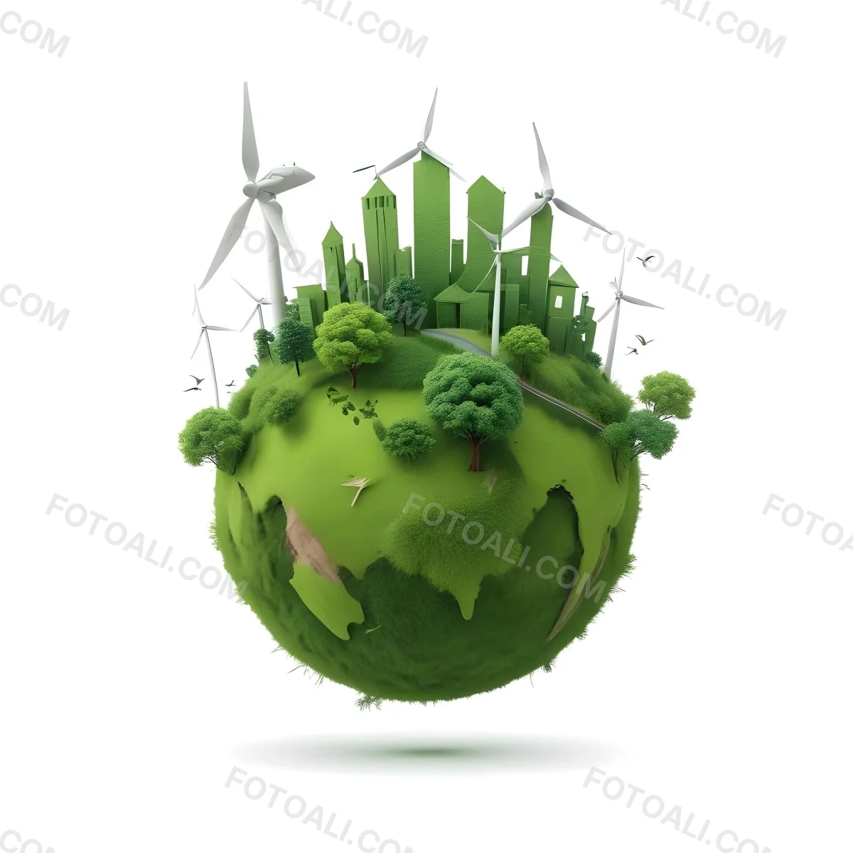 Green Earth With Grass Texture Buildings Wind Turbines Trees Clouds And Birds On Top White Background 69 7e26