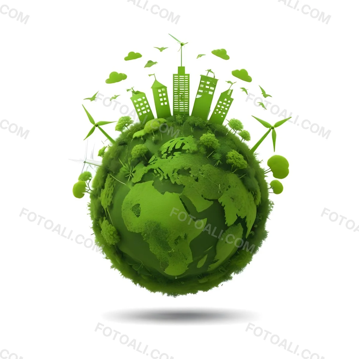Green Earth With Grass Texture Buildings Wind Turbines Trees Clouds And Birds On Top White Background 7 Fa69