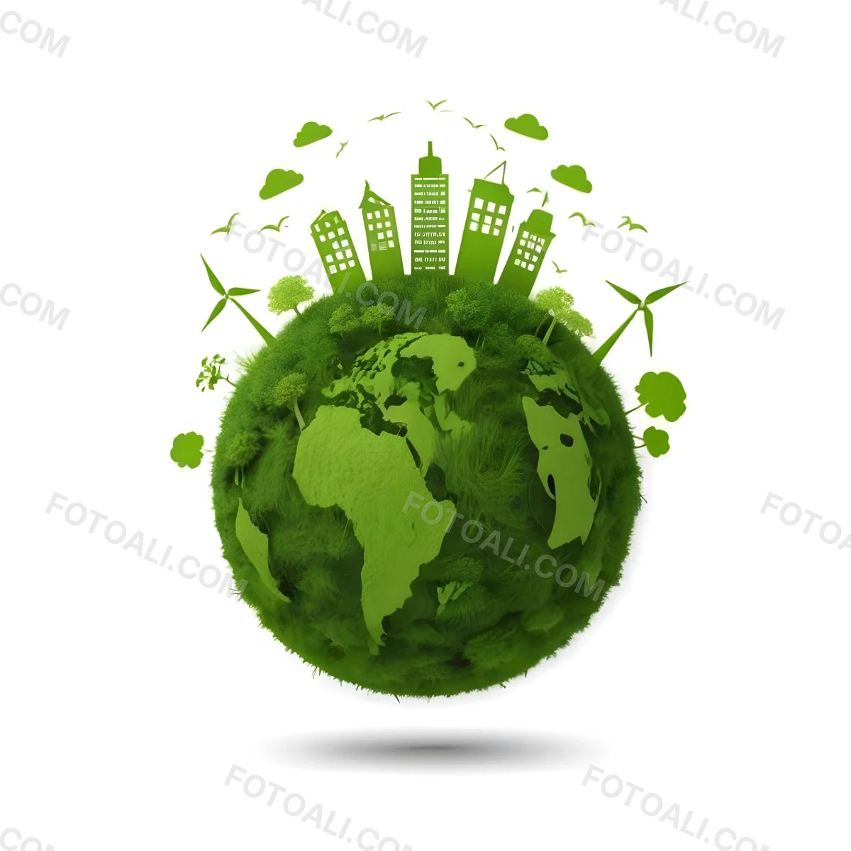 Green Earth With Grass Texture Buildings Wind Turbines Trees Clouds And Birds On Top White Background 70 7037
