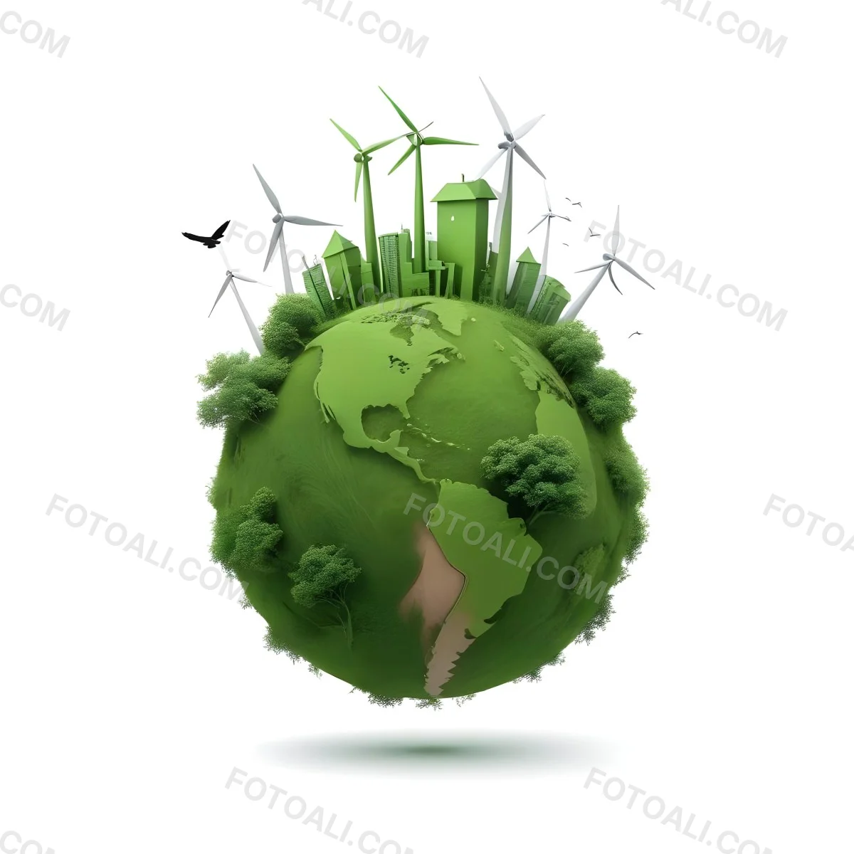 Green Earth With Grass Texture Buildings Wind Turbines Trees Clouds And Birds On Top White Background 71 5b63