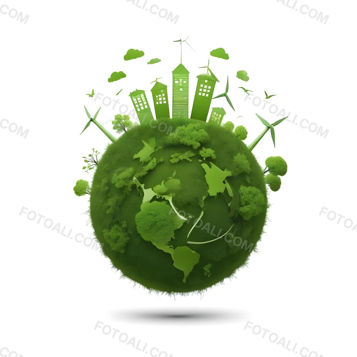 Green Earth With Grass Texture Buildings Wind Turbines Trees Clouds And Birds On Top White Background 72 89ce