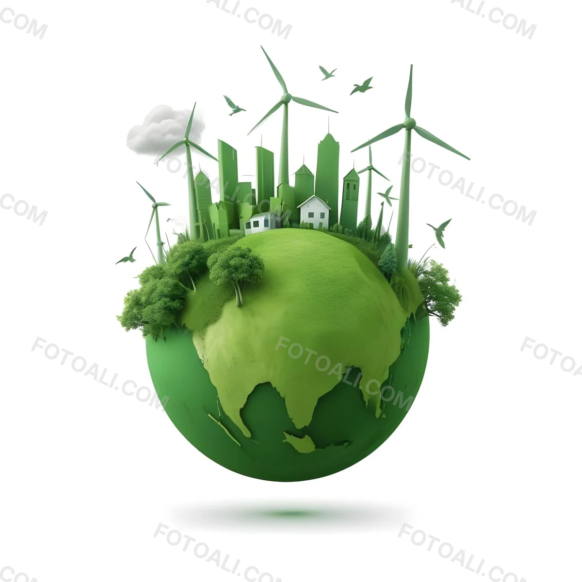 Green Earth With Grass Texture Buildings Wind Turbines Trees Clouds And Birds On Top White Background 73 0d75