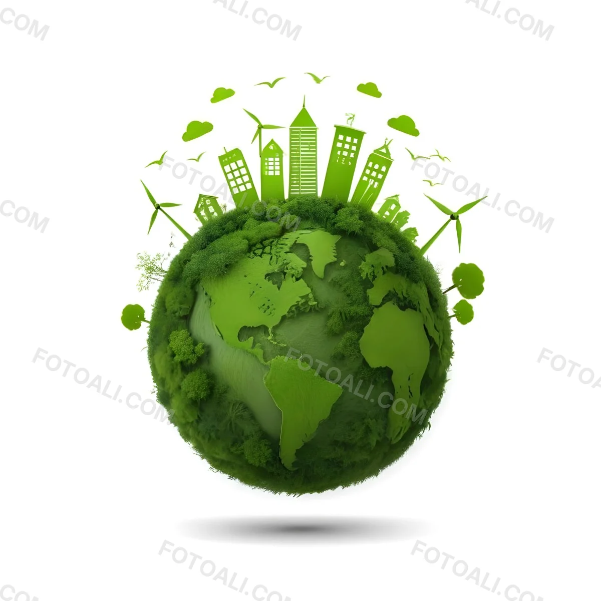 Green Earth With Grass Texture Buildings Wind Turbines Trees Clouds And Birds On Top White Background 74 7ffb