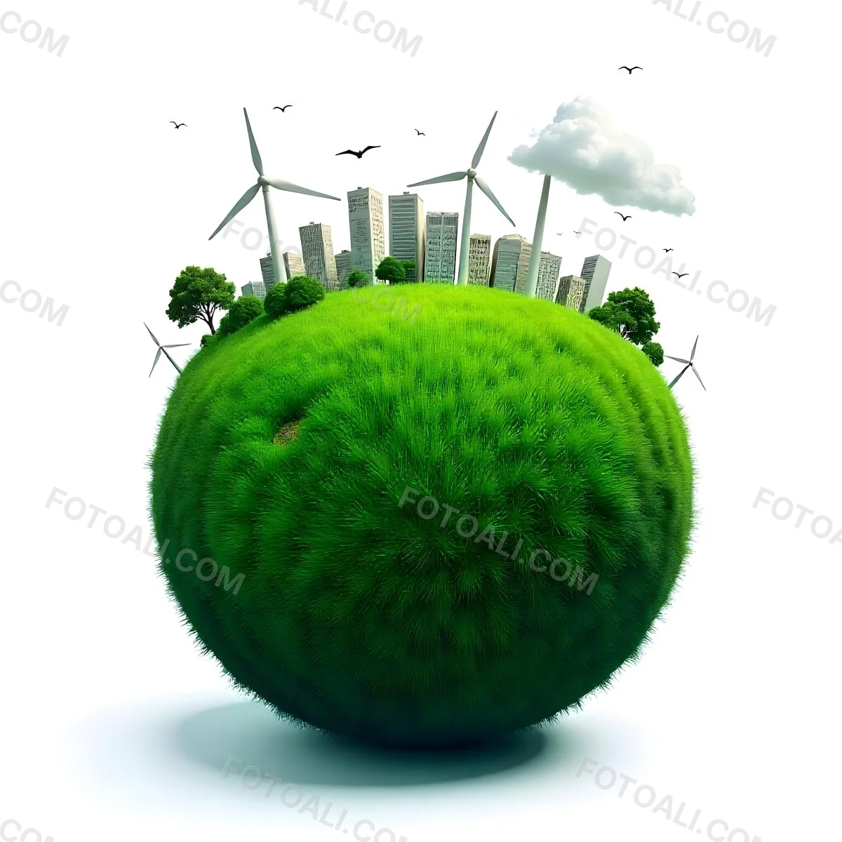 Green Earth With Grass Texture Buildings Wind Turbines Trees Clouds And Birds On Top White Background 8 B3f2