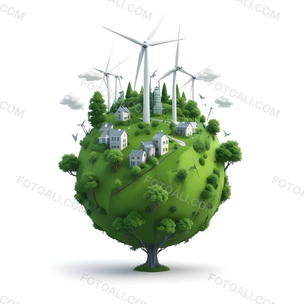 Green Earth With Grass Texture Buildings Wind Turbines Trees Clouds And Birds On Top White Background 9 0642