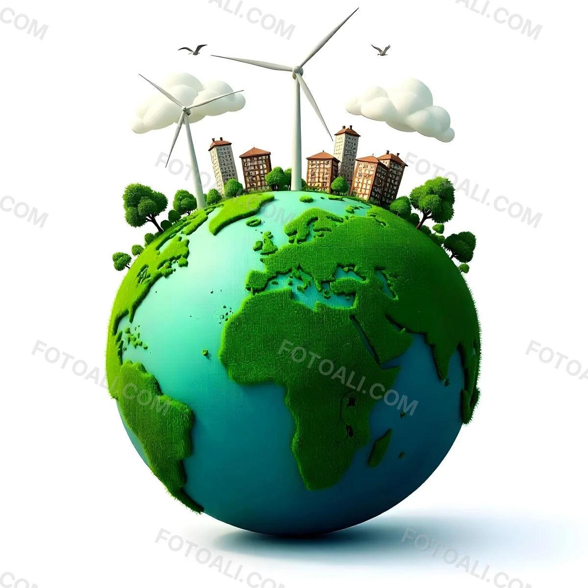 Green Earth With Grass Texture Buildings Wind Turbines Trees Clouds And Birds On Top White Background 9 14b6