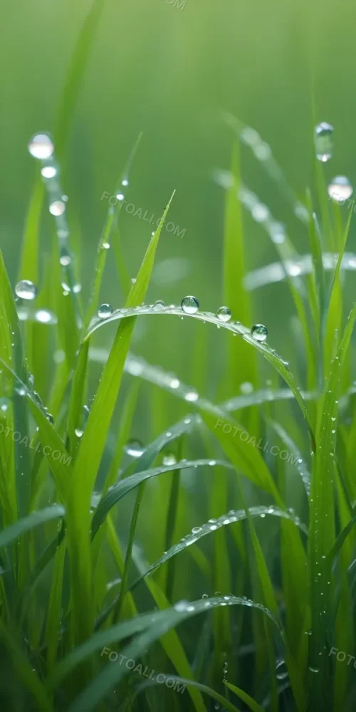 Green Grass Blades With Water Droplets Close Up View Of A Lush Dewy Meadow 19 9489
