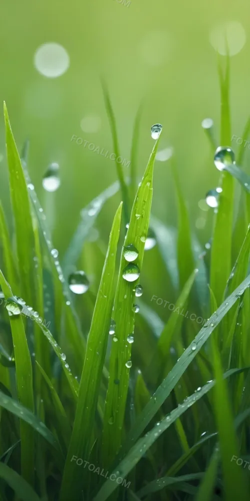 Green Grass Blades With Water Droplets Close Up View Of A Lush Dewy Meadow 22 C52c