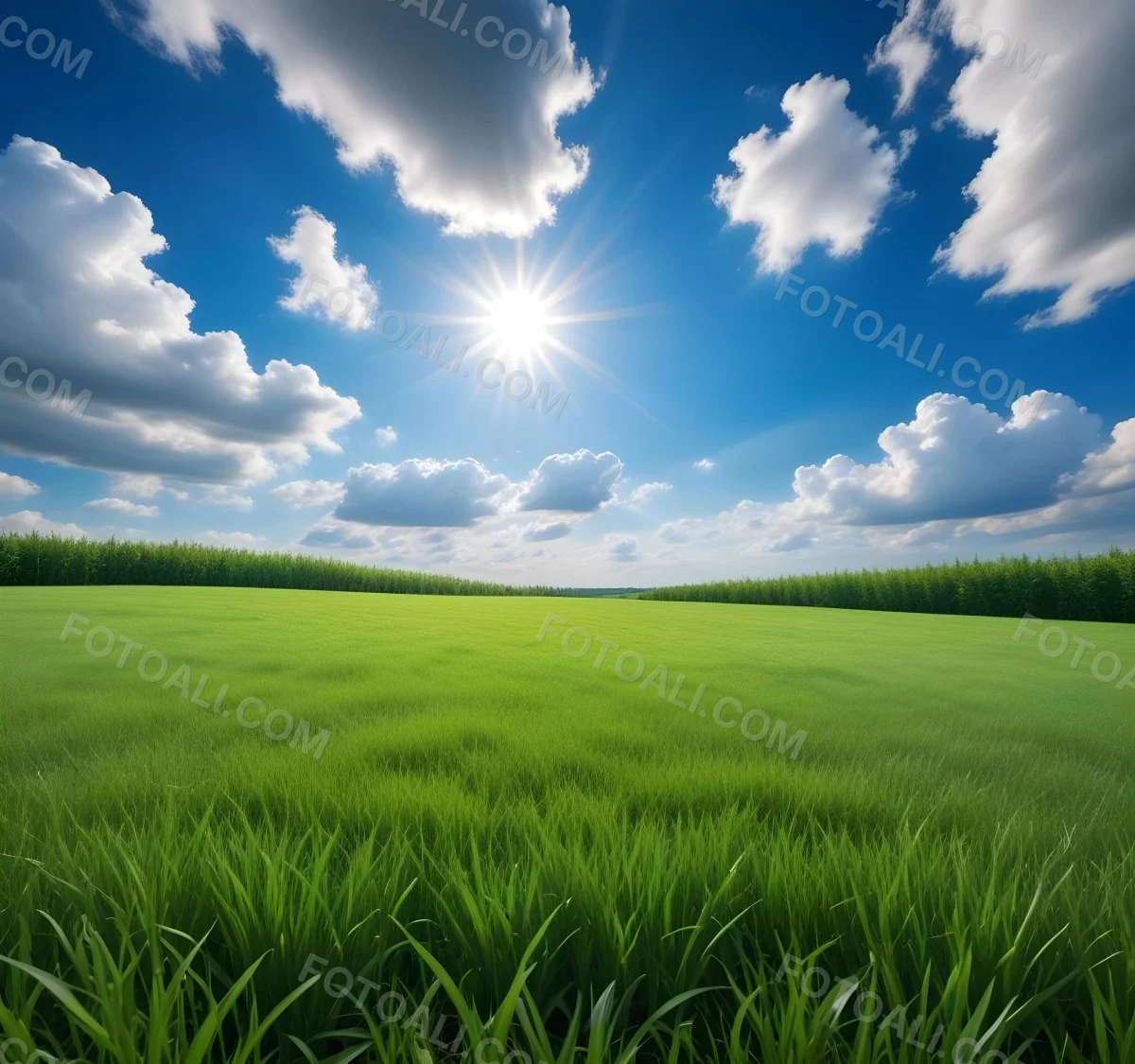 Green Grass Field Under A Blue Sky With Clouds And Sun 14 47cb