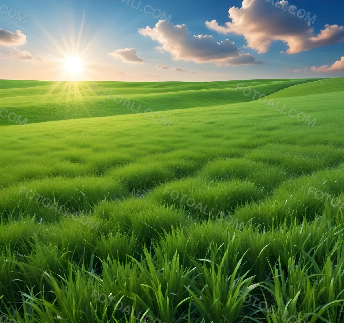 Green Grass Field Under A Blue Sky With Clouds And Sun 16 E21b