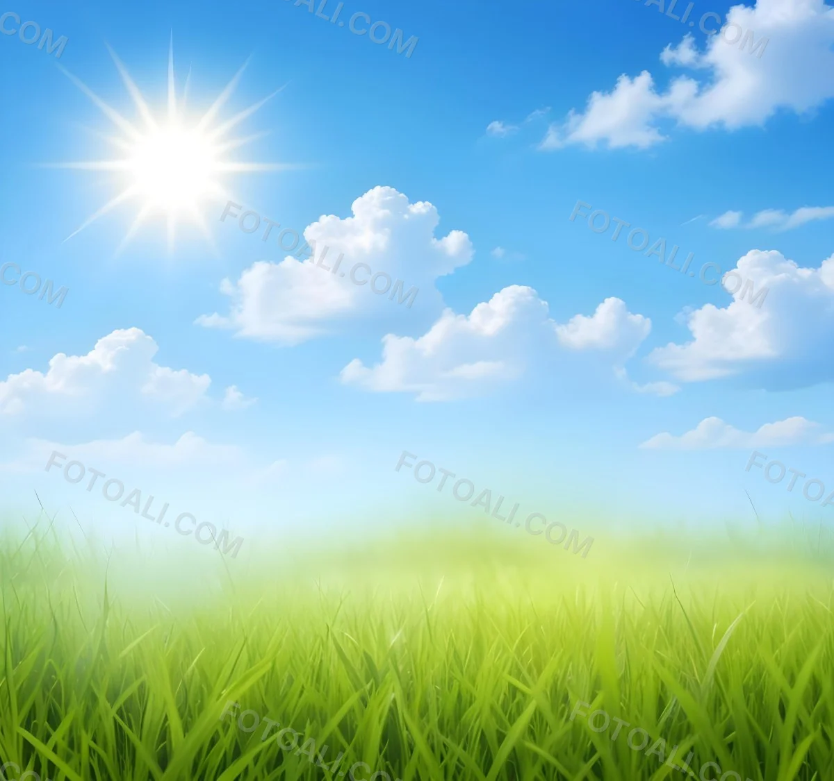 Green Grass Field Under A Blue Sky With Clouds And Sun 17 F342