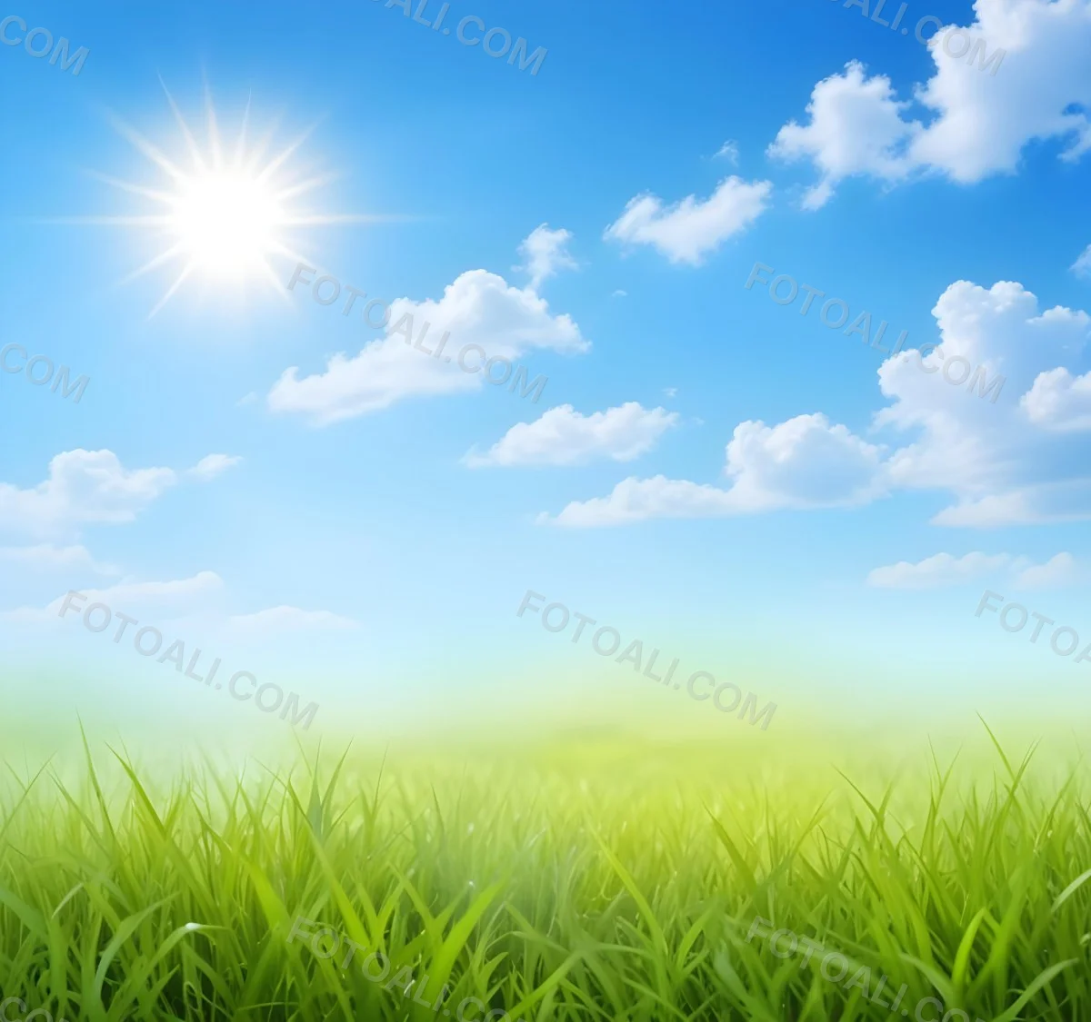 Green Grass Field Under A Blue Sky With Clouds And Sun 19 8e58
