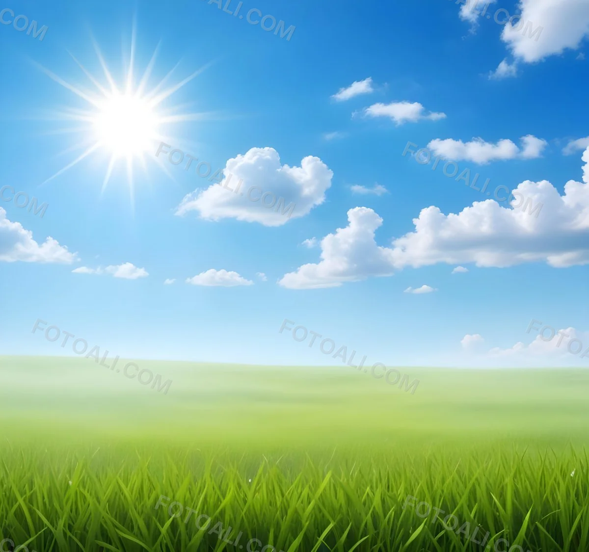 Green Grass Field Under A Blue Sky With Clouds And Sun 2 Fde7