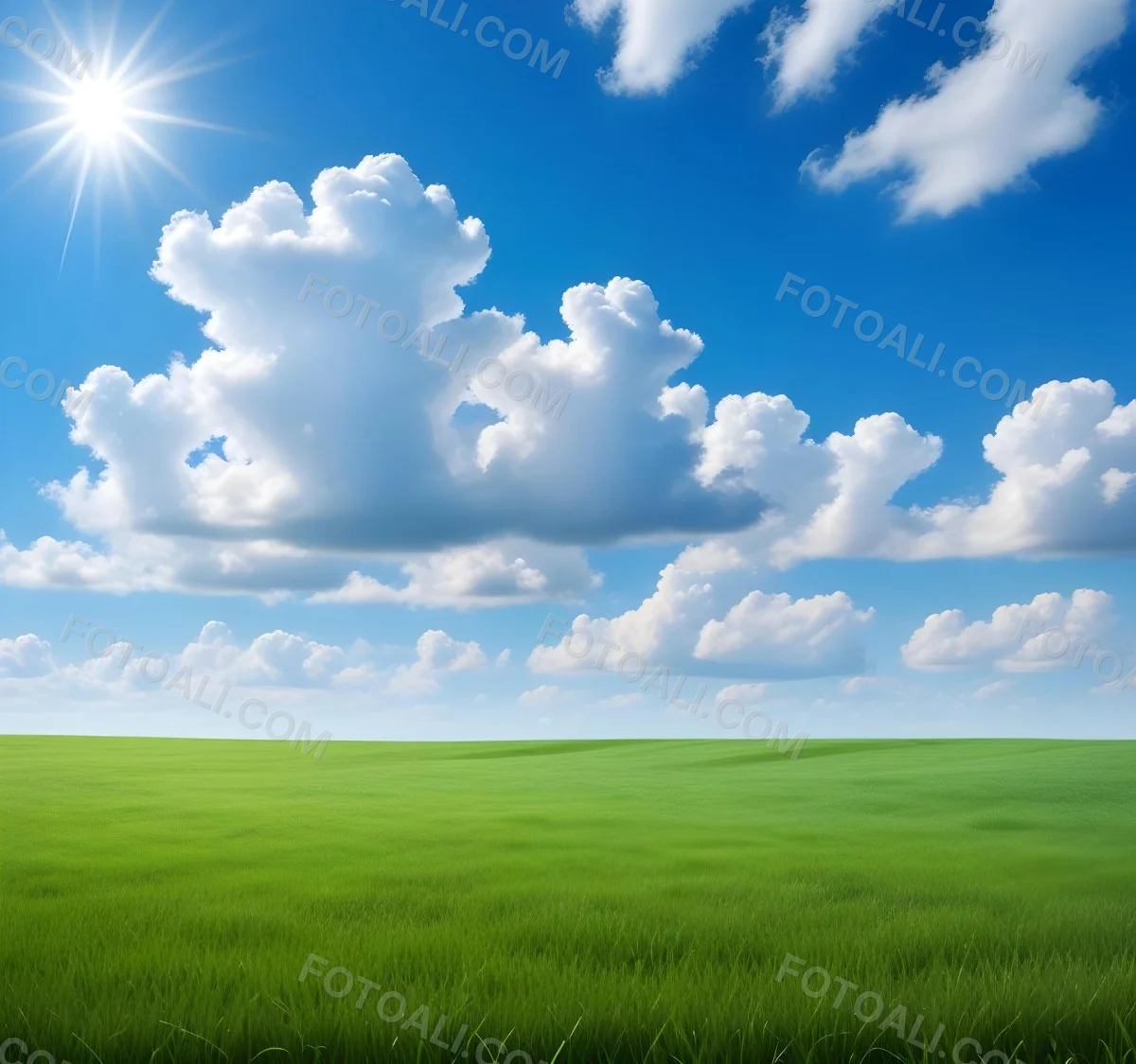 Green Grass Field Under A Blue Sky With Clouds And Sun 20 Da6e