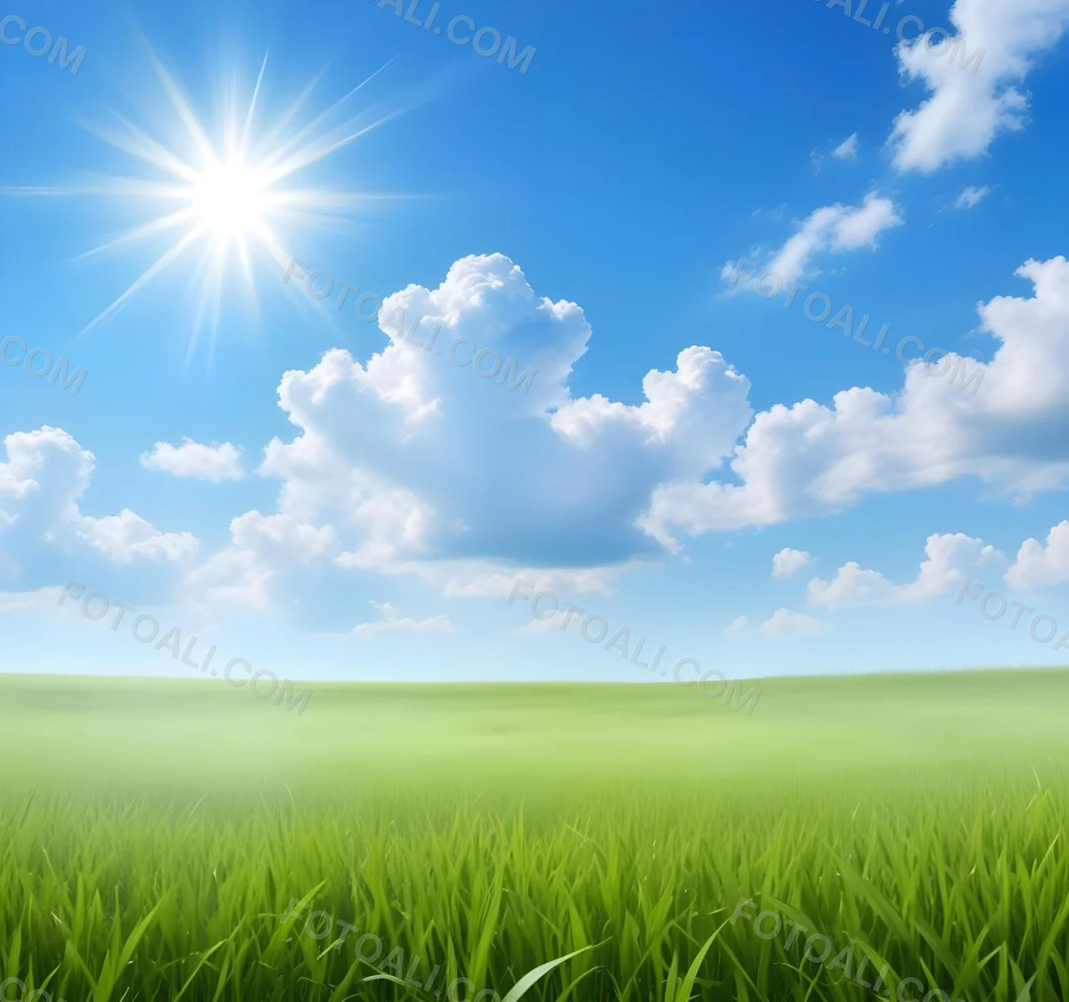 Green Grass Field Under A Blue Sky With Clouds And Sun 22 Cd1e