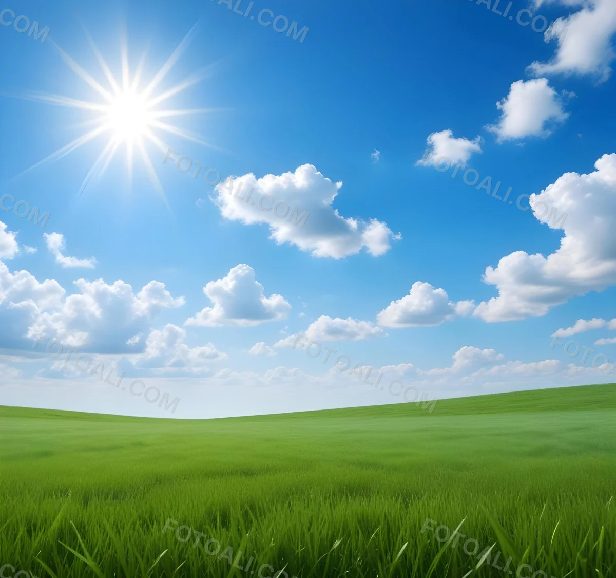 Green Grass Field Under A Blue Sky With Clouds And Sun 23 4561