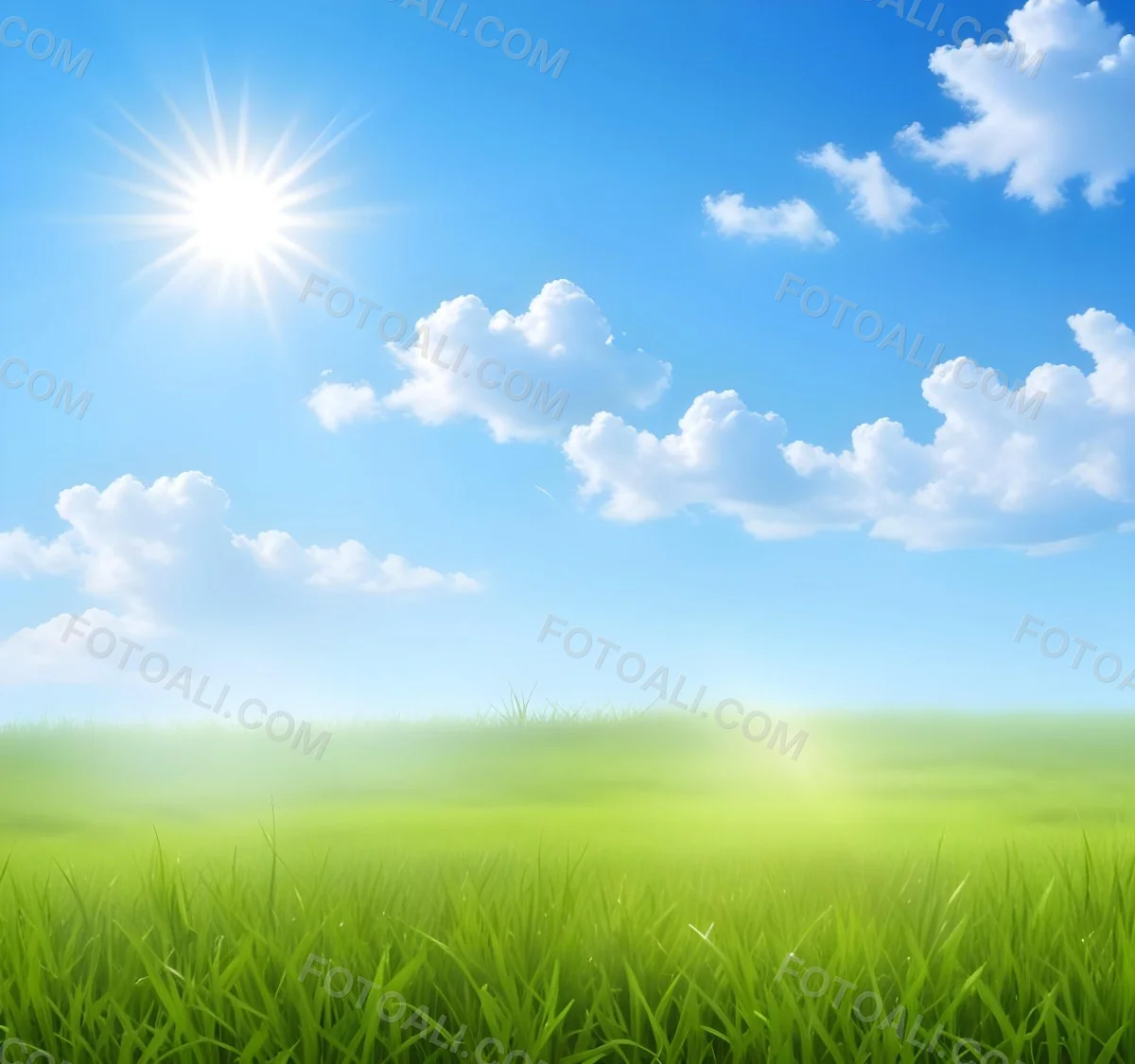 Green Grass Field Under A Blue Sky With Clouds And Sun 24 Bd2f