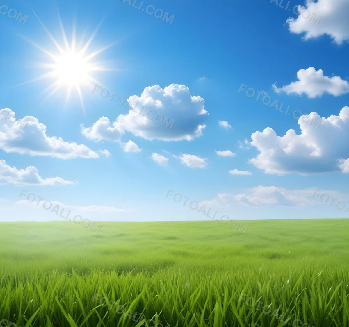 Green Grass Field Under A Blue Sky With Clouds And Sun 4 E39e