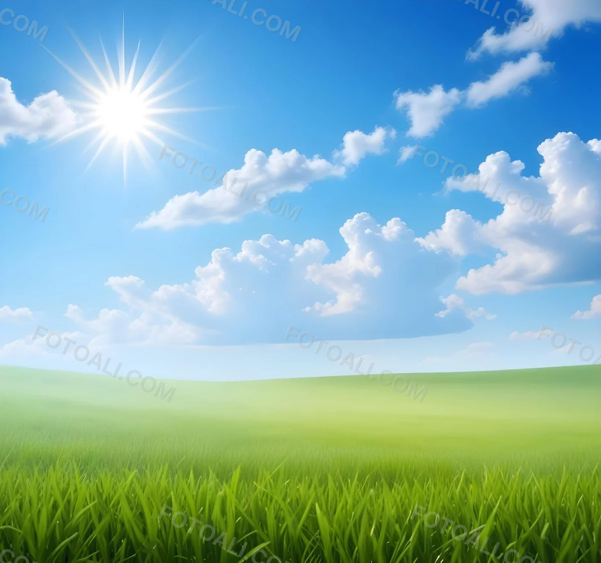 Green Grass Field Under A Blue Sky With Clouds And Sun 5 3db2
