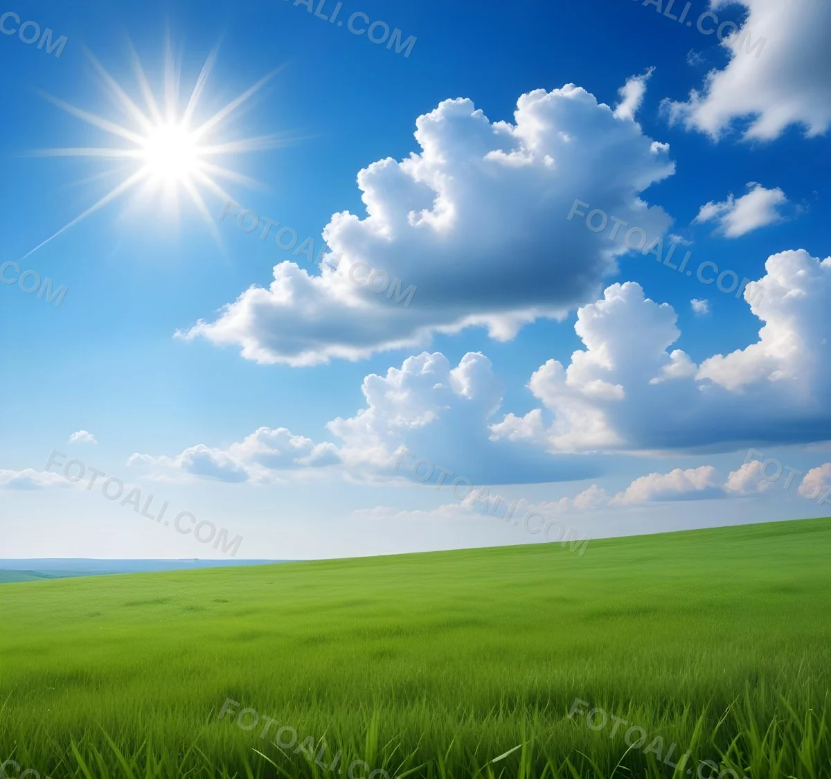Green Grass Field Under A Blue Sky With Clouds And Sun 6 6282