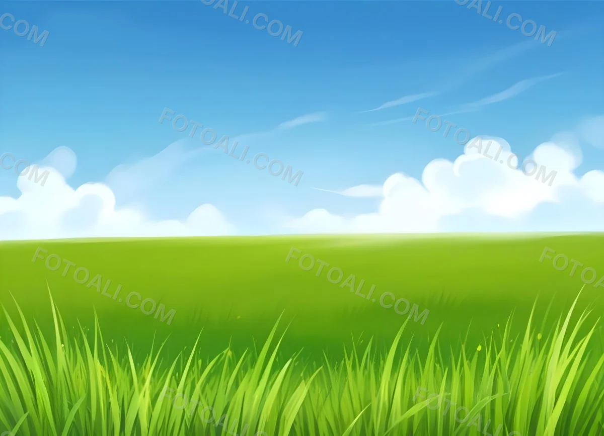 Green Grass Field With A Clear Blue Sky Some Clouds Sunny Day Bright Colors Cartoon Style Vibrant Peaceful Nature Outdoors 14 C363