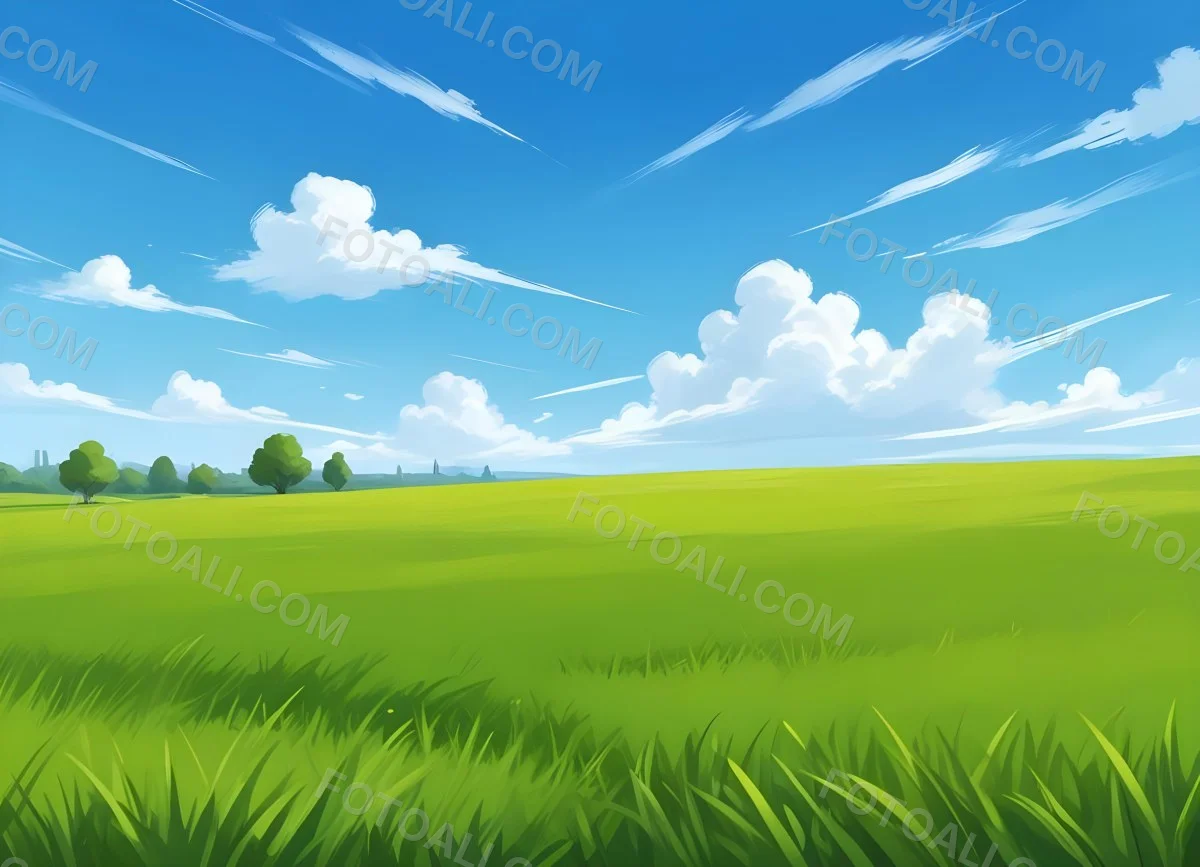 Green Grass Field With A Clear Blue Sky Some Clouds Sunny Day Bright Colors Cartoon Style Vibrant Peaceful Nature Outdoors 15 102e